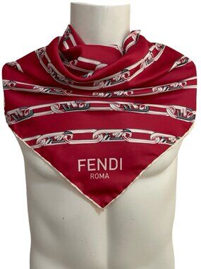 Fendi Roma Silk Scarf 34 x 34 Red Chain Print